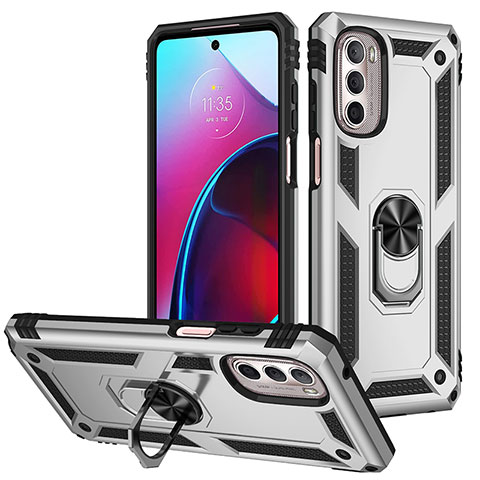 Funda Bumper Silicona y Plastico Mate Carcasa con Magnetico Anillo de dedo Soporte S01 para Motorola Moto G Stylus (2022) 4G Plata