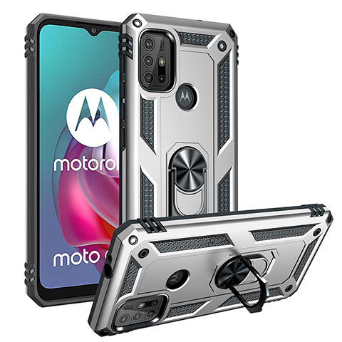 Funda Bumper Silicona y Plastico Mate Carcasa con Magnetico Anillo de dedo Soporte S01 para Motorola Moto G10 Power Plata