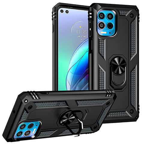 Funda Bumper Silicona y Plastico Mate Carcasa con Magnetico Anillo de dedo Soporte S01 para Motorola Moto G100 5G Negro