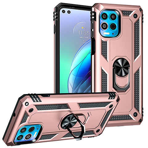 Funda Bumper Silicona y Plastico Mate Carcasa con Magnetico Anillo de dedo Soporte S01 para Motorola Moto G100 5G Oro Rosa