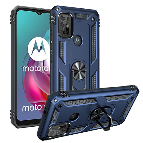 Funda Bumper Silicona y Plastico Mate Carcasa con Magnetico Anillo de dedo Soporte S01 para Motorola Moto G20 Azul