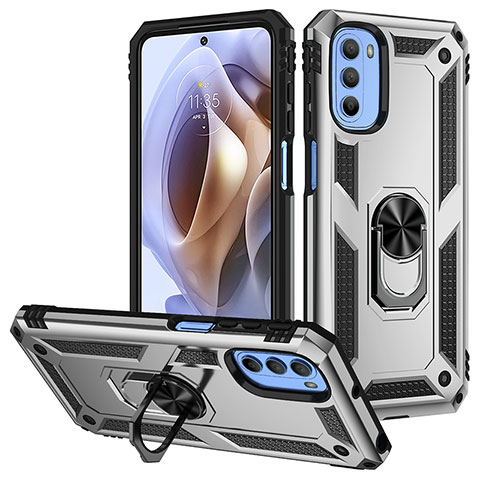 Funda Bumper Silicona y Plastico Mate Carcasa con Magnetico Anillo de dedo Soporte S01 para Motorola Moto G31 Plata