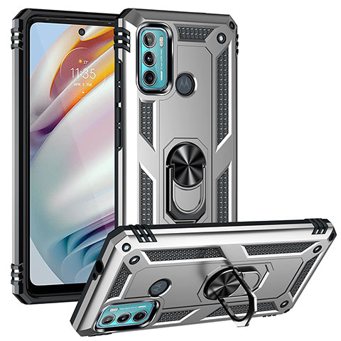 Funda Bumper Silicona y Plastico Mate Carcasa con Magnetico Anillo de dedo Soporte S01 para Motorola Moto G40 Fusion Plata