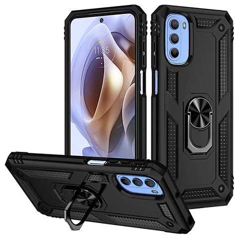 Funda Bumper Silicona y Plastico Mate Carcasa con Magnetico Anillo de dedo Soporte S01 para Motorola Moto G41 Negro