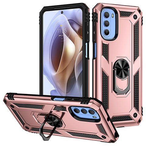 Funda Bumper Silicona y Plastico Mate Carcasa con Magnetico Anillo de dedo Soporte S01 para Motorola Moto G41 Oro Rosa