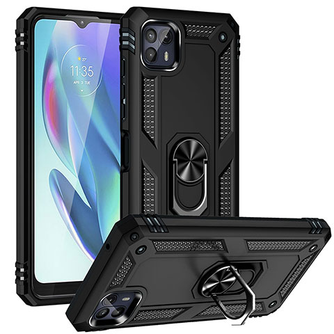 Funda Bumper Silicona y Plastico Mate Carcasa con Magnetico Anillo de dedo Soporte S01 para Motorola Moto G50 5G Negro