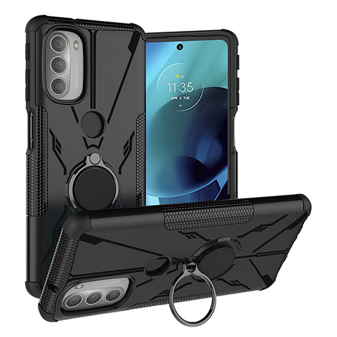 Funda Bumper Silicona y Plastico Mate Carcasa con Magnetico Anillo de dedo Soporte S01 para Motorola Moto G51 5G Negro