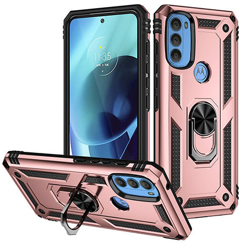 Funda Bumper Silicona y Plastico Mate Carcasa con Magnetico Anillo de dedo Soporte S01 para Motorola Moto G71 5G Oro Rosa