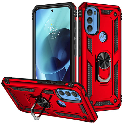 Funda Bumper Silicona y Plastico Mate Carcasa con Magnetico Anillo de dedo Soporte S01 para Motorola Moto G71 5G Rojo