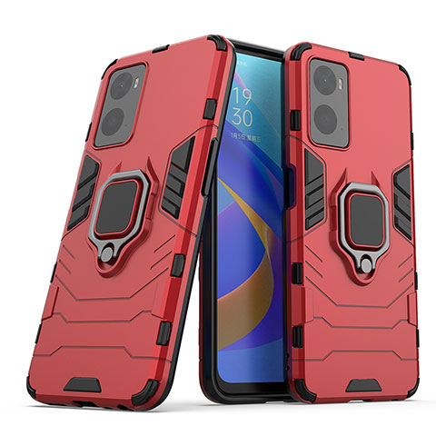 Funda Bumper Silicona y Plastico Mate Carcasa con Magnetico Anillo de dedo Soporte S01 para Oppo A96 4G Rojo