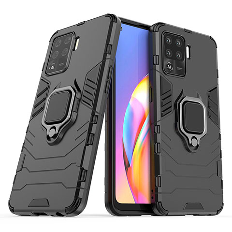 Funda Bumper Silicona y Plastico Mate Carcasa con Magnetico Anillo de dedo Soporte S01 para Oppo F19 Pro Negro