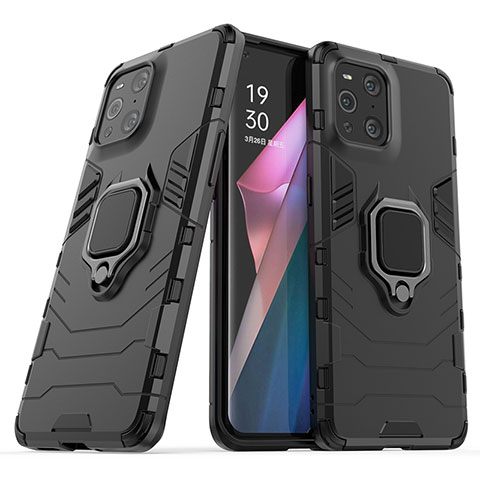 Funda Bumper Silicona y Plastico Mate Carcasa con Magnetico Anillo de dedo Soporte S01 para Oppo Find X3 5G Negro