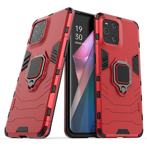 Funda Bumper Silicona y Plastico Mate Carcasa con Magnetico Anillo de dedo Soporte S01 para Oppo Find X3 5G Rojo