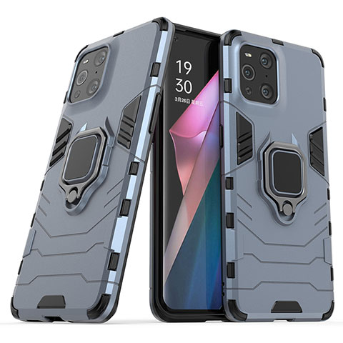 Funda Bumper Silicona y Plastico Mate Carcasa con Magnetico Anillo de dedo Soporte S01 para Oppo Find X3 Pro 5G Azul