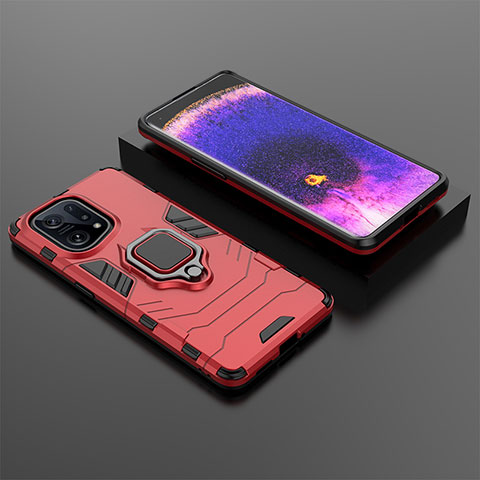 Funda Bumper Silicona y Plastico Mate Carcasa con Magnetico Anillo de dedo Soporte S01 para Oppo Find X5 5G Rojo