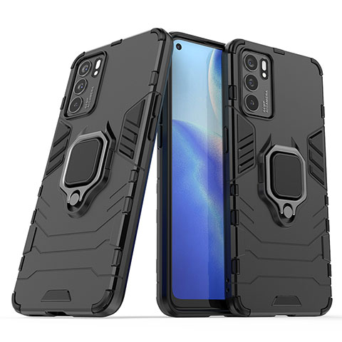 Funda Bumper Silicona y Plastico Mate Carcasa con Magnetico Anillo de dedo Soporte S01 para Oppo Reno6 5G Negro