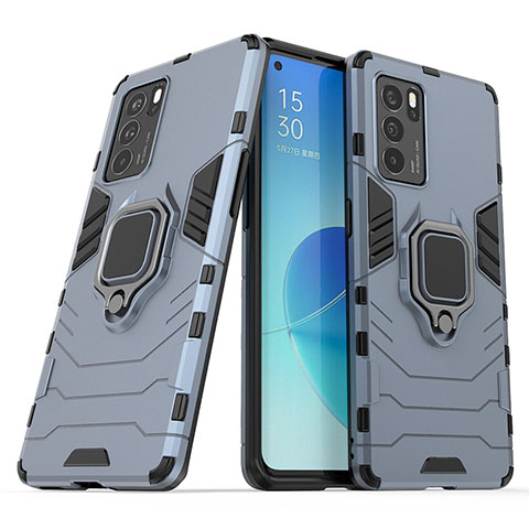 Funda Bumper Silicona y Plastico Mate Carcasa con Magnetico Anillo de dedo Soporte S01 para Oppo Reno6 Pro 5G India Azul