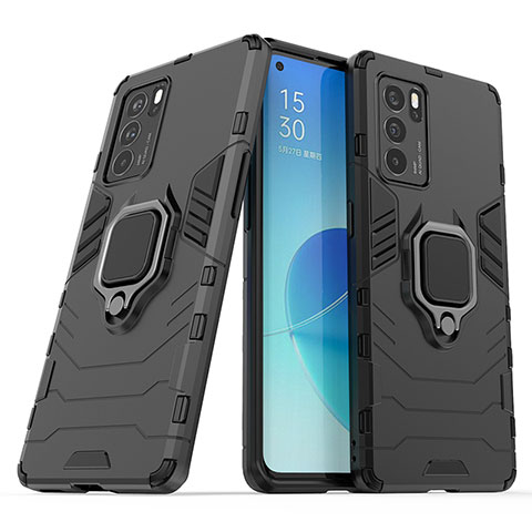 Funda Bumper Silicona y Plastico Mate Carcasa con Magnetico Anillo de dedo Soporte S01 para Oppo Reno6 Pro 5G India Negro