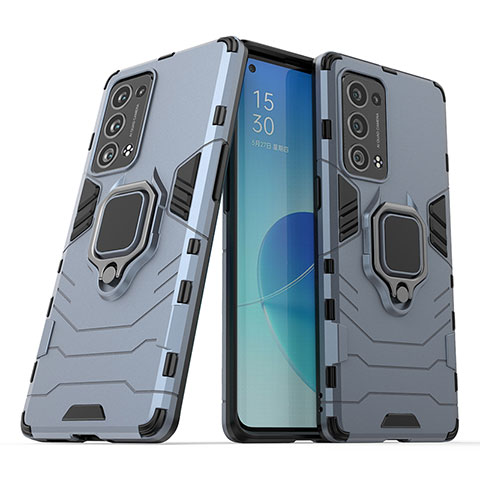 Funda Bumper Silicona y Plastico Mate Carcasa con Magnetico Anillo de dedo Soporte S01 para Oppo Reno6 Pro+ Plus 5G Azul