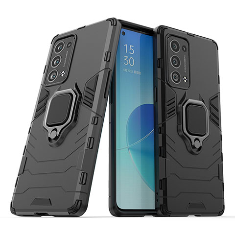 Funda Bumper Silicona y Plastico Mate Carcasa con Magnetico Anillo de dedo Soporte S01 para Oppo Reno6 Pro+ Plus 5G Negro