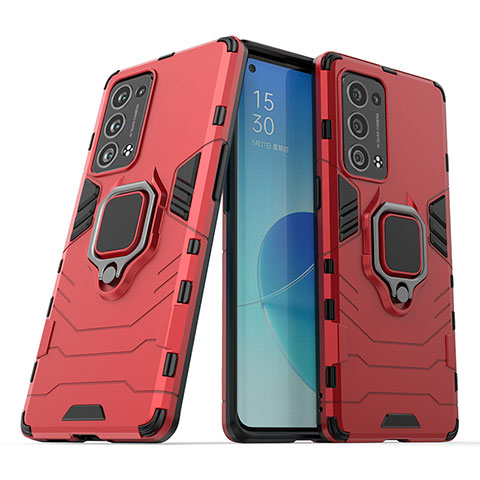 Funda Bumper Silicona y Plastico Mate Carcasa con Magnetico Anillo de dedo Soporte S01 para Oppo Reno6 Pro+ Plus 5G Rojo