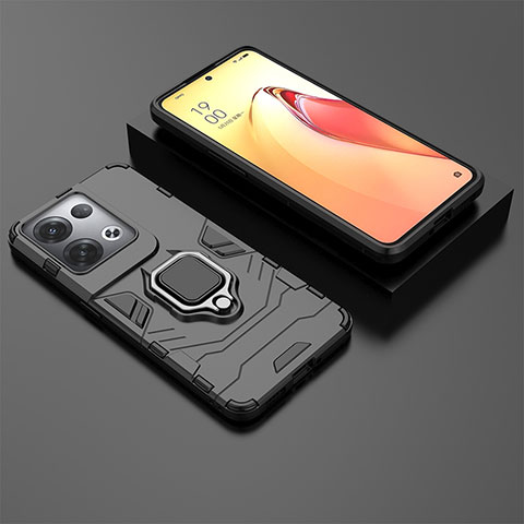 Funda Bumper Silicona y Plastico Mate Carcasa con Magnetico Anillo de dedo Soporte S01 para Oppo Reno8 Pro 5G Negro