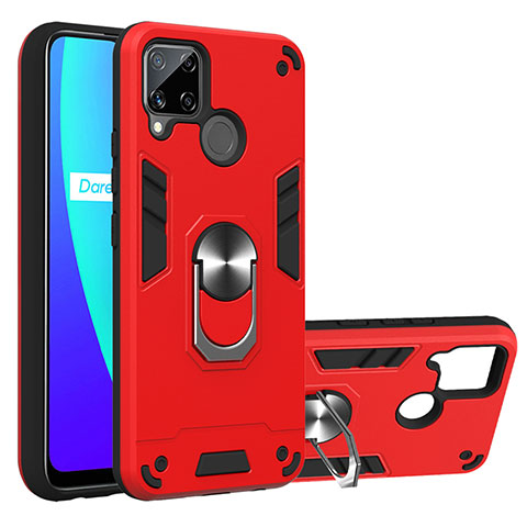 Funda Bumper Silicona y Plastico Mate Carcasa con Magnetico Anillo de dedo Soporte S01 para Realme C15 Rojo