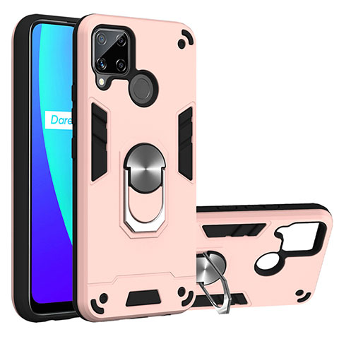 Funda Bumper Silicona y Plastico Mate Carcasa con Magnetico Anillo de dedo Soporte S01 para Realme C15 Rosa