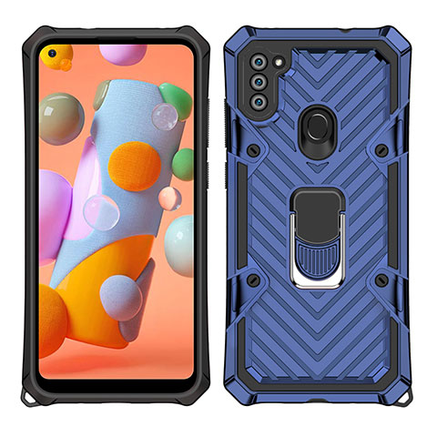 Funda Bumper Silicona y Plastico Mate Carcasa con Magnetico Anillo de dedo Soporte S01 para Samsung Galaxy A11 Azul