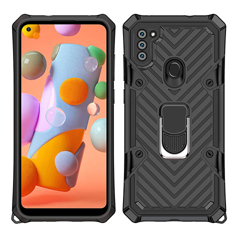 Funda Bumper Silicona y Plastico Mate Carcasa con Magnetico Anillo de dedo Soporte S01 para Samsung Galaxy A11 Negro