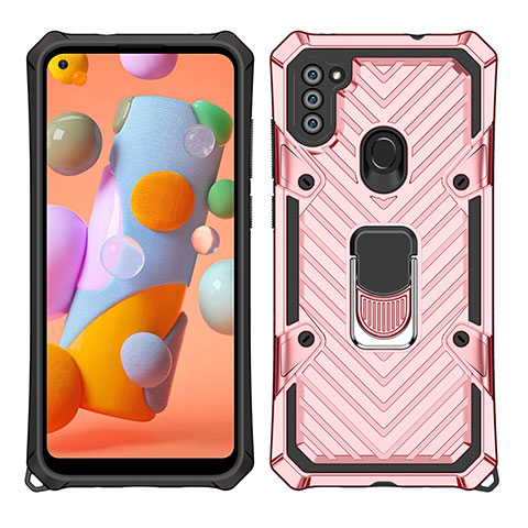 Funda Bumper Silicona y Plastico Mate Carcasa con Magnetico Anillo de dedo Soporte S01 para Samsung Galaxy A11 Oro Rosa