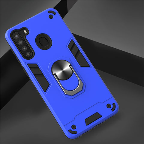 Funda Bumper Silicona y Plastico Mate Carcasa con Magnetico Anillo de dedo Soporte S01 para Samsung Galaxy A21 Azul