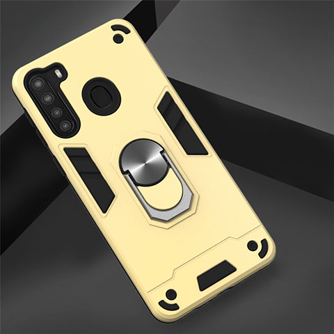 Funda Bumper Silicona y Plastico Mate Carcasa con Magnetico Anillo de dedo Soporte S01 para Samsung Galaxy A21 Oro