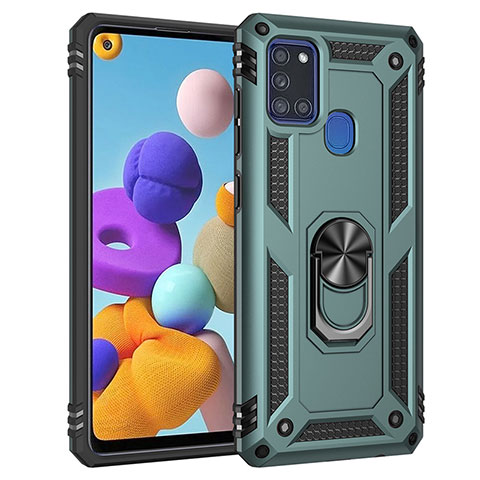 Funda Bumper Silicona y Plastico Mate Carcasa con Magnetico Anillo de dedo Soporte S01 para Samsung Galaxy A21s Verde