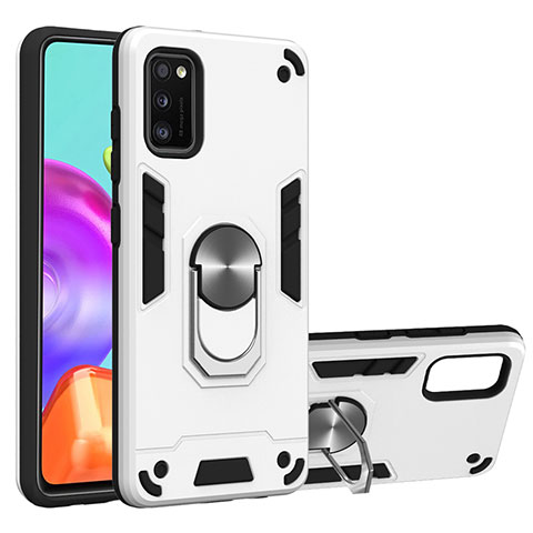 Funda Bumper Silicona y Plastico Mate Carcasa con Magnetico Anillo de dedo Soporte S01 para Samsung Galaxy A41 Blanco