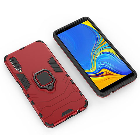 Funda Bumper Silicona y Plastico Mate Carcasa con Magnetico Anillo de dedo Soporte S01 para Samsung Galaxy A7 (2018) A750 Rojo