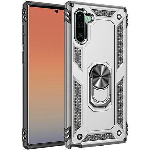 Funda Bumper Silicona y Plastico Mate Carcasa con Magnetico Anillo de dedo Soporte S01 para Samsung Galaxy Note 10 5G Plata