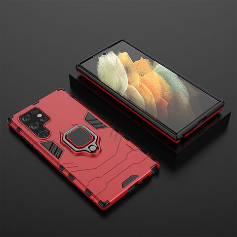 Funda Bumper Silicona y Plastico Mate Carcasa con Magnetico Anillo de dedo Soporte S01 para Samsung Galaxy S21 Ultra 5G Rojo