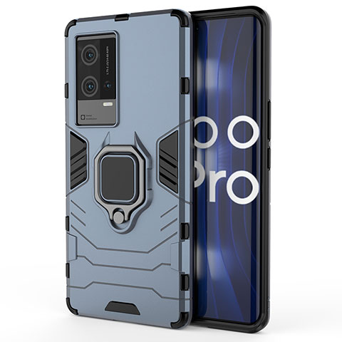 Funda Bumper Silicona y Plastico Mate Carcasa con Magnetico Anillo de dedo Soporte S01 para Vivo iQOO 8 Pro 5G Azul