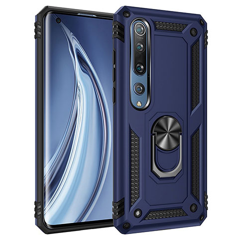 Funda Bumper Silicona y Plastico Mate Carcasa con Magnetico Anillo de dedo Soporte S01 para Xiaomi Mi 10 Azul