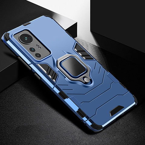 Funda Bumper Silicona y Plastico Mate Carcasa con Magnetico Anillo de dedo Soporte S01 para Xiaomi Mi 12S 5G Azul
