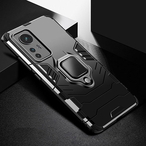 Funda Bumper Silicona y Plastico Mate Carcasa con Magnetico Anillo de dedo Soporte S01 para Xiaomi Mi 12S 5G Negro