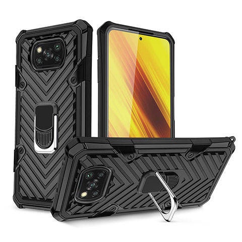 Funda Bumper Silicona y Plastico Mate Carcasa con Magnetico Anillo de dedo Soporte S01 para Xiaomi Poco X3 Negro