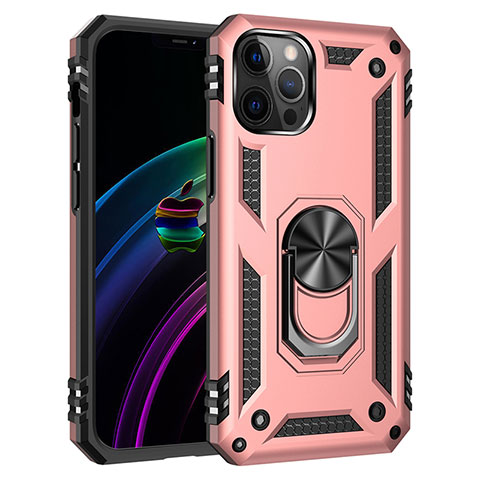 Funda Bumper Silicona y Plastico Mate Carcasa con Magnetico Anillo de dedo Soporte S02 para Apple iPhone 12 Pro Max Oro Rosa