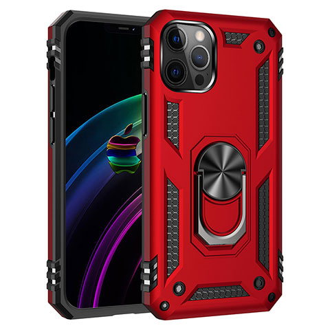 Funda Bumper Silicona y Plastico Mate Carcasa con Magnetico Anillo de dedo Soporte S02 para Apple iPhone 12 Pro Max Rojo