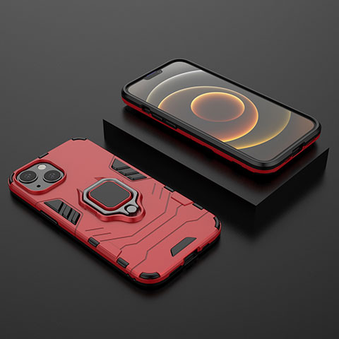 Funda Bumper Silicona y Plastico Mate Carcasa con Magnetico Anillo de dedo Soporte S02 para Apple iPhone 13 Rojo