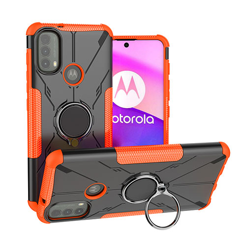 Funda Bumper Silicona y Plastico Mate Carcasa con Magnetico Anillo de dedo Soporte S02 para Motorola Moto E30 Naranja