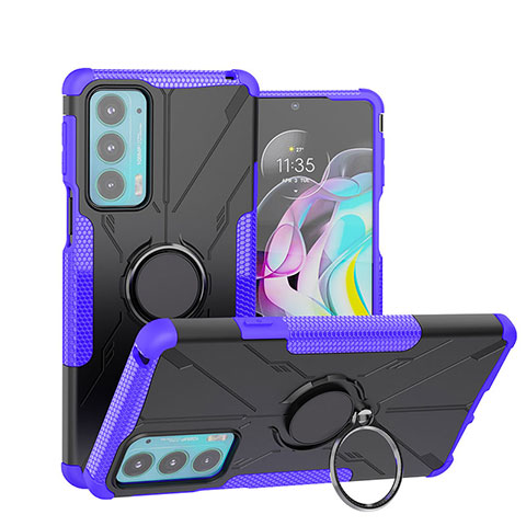 Funda Bumper Silicona y Plastico Mate Carcasa con Magnetico Anillo de dedo Soporte S02 para Motorola Moto Edge 20 5G Morado