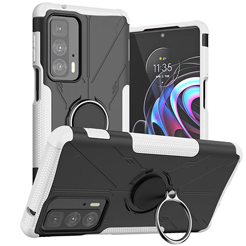 Funda Bumper Silicona y Plastico Mate Carcasa con Magnetico Anillo de dedo Soporte S02 para Motorola Moto Edge 20 Pro 5G Blanco