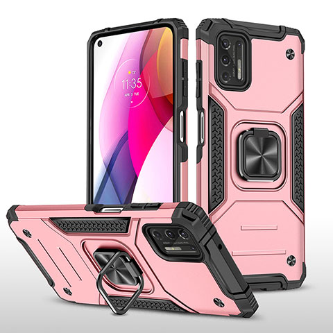 Funda Bumper Silicona y Plastico Mate Carcasa con Magnetico Anillo de dedo Soporte S02 para Motorola Moto G Stylus (2021) Oro Rosa